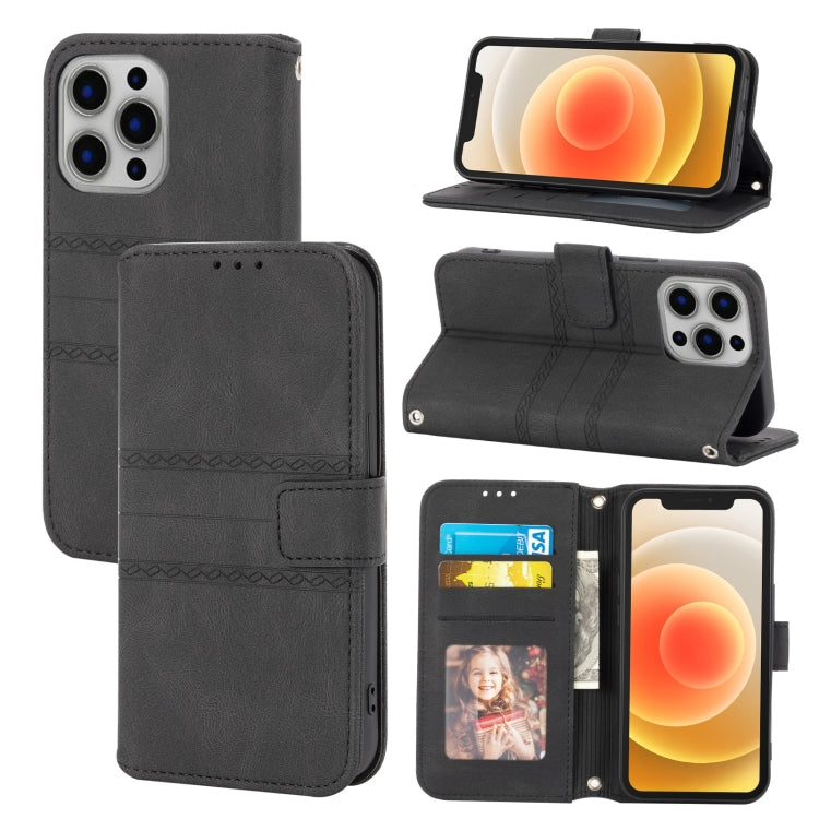 For iPhone 13 Pro Embossed Striped Magnetic Buckle PU + TPU Horizontal Flip Leather Case with Holder & Card Slot & Wallet & Photo Frame & Sling (Black) - iPhone 13 Pro Cases by buy2fix | Online Shopping UK | buy2fix