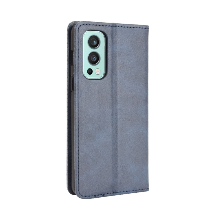 For OnePlus Nord 2 5G Magnetic Buckle Retro Crazy Horse Texture Horizontal Flip Leather Case with Holder & Card Slots & Photo Frame(Blue) - OnePlus Cases by buy2fix | Online Shopping UK | buy2fix