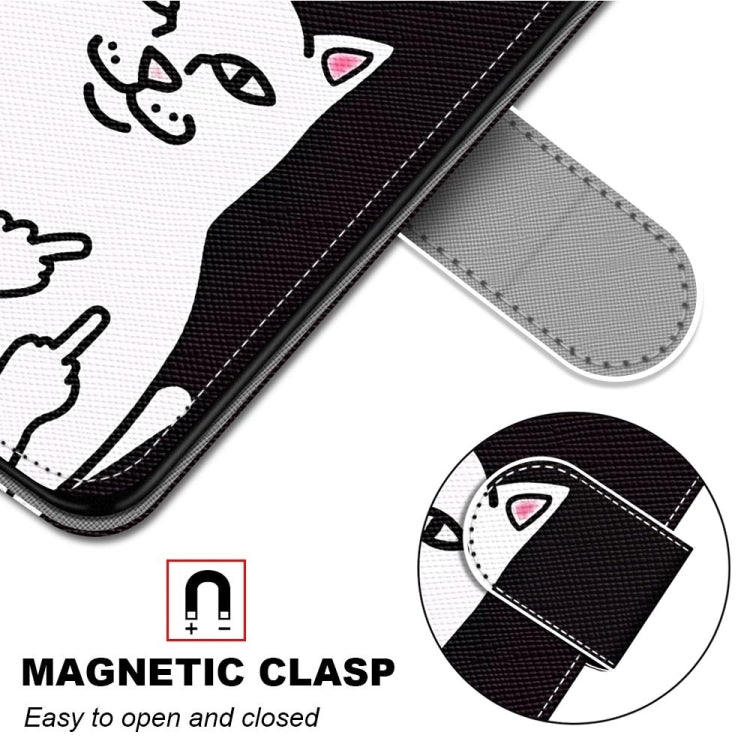 For iPhone 13 Pro Coloured Drawing Cross Texture Horizontal Flip PU Leather Case with Holder & Card Slots & Wallet & Lanyard (Middle Finger White Cat) - iPhone 13 Pro Cases by buy2fix | Online Shopping UK | buy2fix