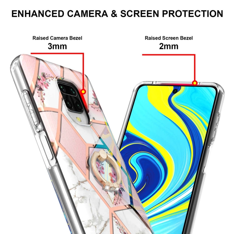 or Xiaomi Redmi Note 9S / Redmi Note 9 Pro / Redmi Note 9 Pro Max Electroplating Splicing Marble Flower Pattern TPU Shockproof Case with Rhinestone Ring Holder(Pink Flower) - Xiaomi Cases by buy2fix | Online Shopping UK | buy2fix