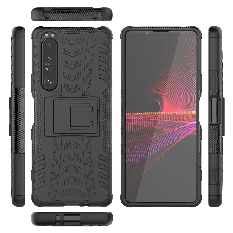 For Sony Xperia 1 III Tire Texture Shockproof TPU+PC Protective Case with Holder(Black) - Sony Cases by buy2fix | Online Shopping UK | buy2fix