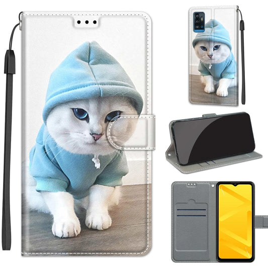 Voltage Coloured Drawing Magnetic Clasp Horizontal Flip PU Leather Case with Holder & Card Slots For ZTE Blade A71(C15 Blue Sweater White Cat) - ZTE Cases by buy2fix | Online Shopping UK | buy2fix