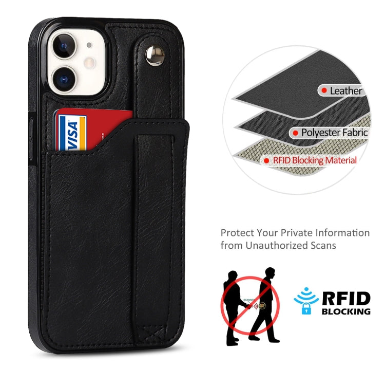 For iPhone 12 mini Crazy Horse Texture Shockproof TPU + PU Leather Case with Card Slot & Wrist Strap Holder (Black) - iPhone 12 mini Cases by buy2fix | Online Shopping UK | buy2fix