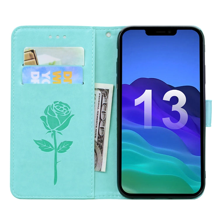 For iPhone 13 Rose Embossed Horizontal Flip PU Leather Case with Holder & Card Slots & Wallet(Green) - iPhone 13 Cases by buy2fix | Online Shopping UK | buy2fix