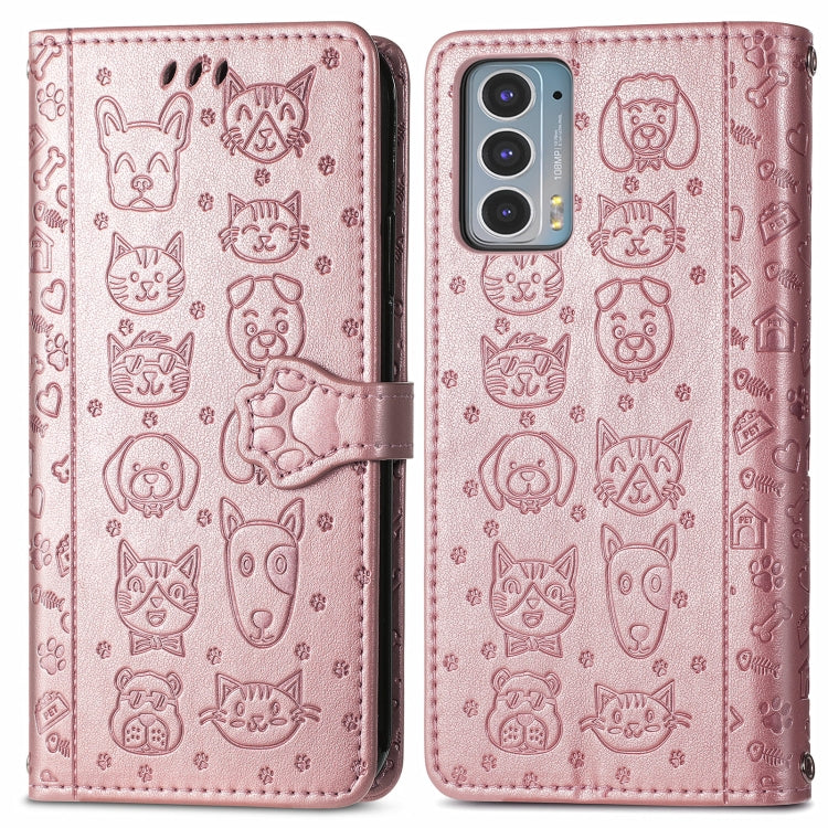 For Motorola Moto Edge 20 Lovely Cat and Dog Embossing Pattern Horizontal Flip Leather Case , with Holder & Card Slots & Wallet & Cartoon Clasp & Lanyard(Rose Gold) - Motorola Cases by buy2fix | Online Shopping UK | buy2fix