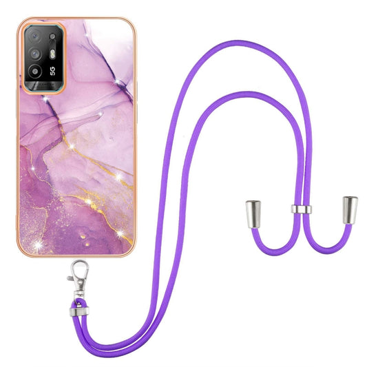 For OPPO A94 5G / A95 5G Electroplating Marble IMD TPU Phone Case with Lanyard(Purple 001) - OPPO Cases by buy2fix | Online Shopping UK | buy2fix