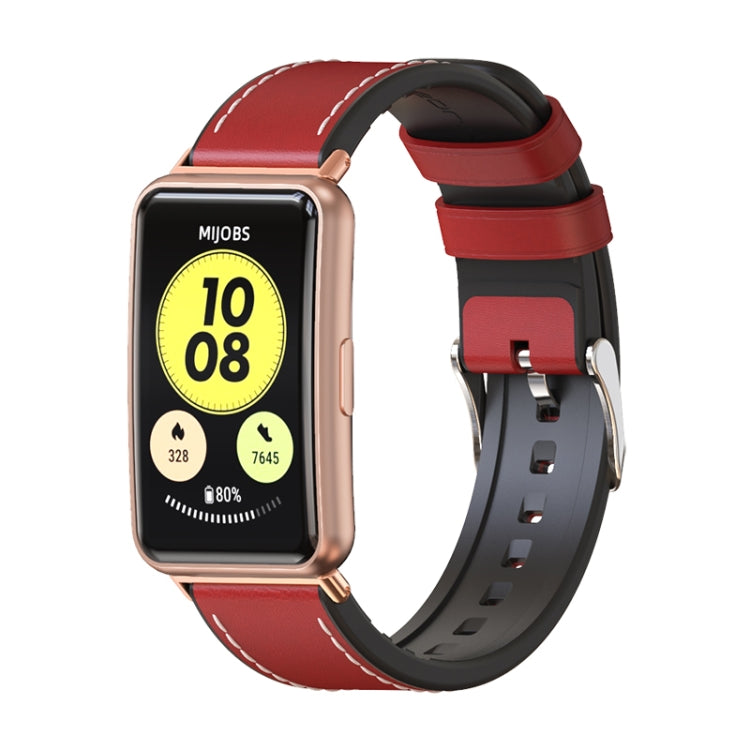 For Huawei Watch Fit Mijobs Cowhide Leather Watch Band(Red+Rose Gold) - Watch Bands by MIJOBS | Online Shopping UK | buy2fix