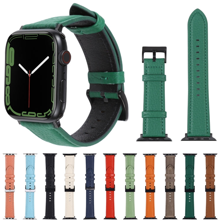 Litchi Texture Leather Watch Band For Apple Watch Ultra 49mm&Watch Ultra 2 49mm / Series 9&8&7 45mm / SE 3&SE 2&6&SE&5&4 44mm / 3&2&1 42mm(Dark Green) - Watch Bands by buy2fix | Online Shopping UK | buy2fix