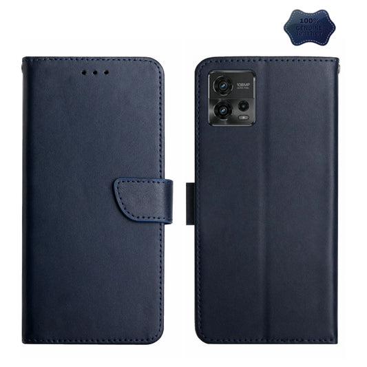 For Motorola Moto G72 4G Genuine Leather Fingerprint-proof Flip Phone Case(Blue) - Motorola Cases by buy2fix | Online Shopping UK | buy2fix