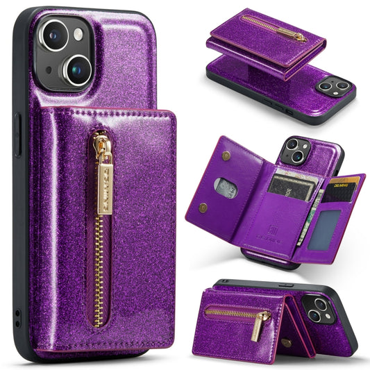 For iPhone 14 DG.MING M3 Series Glitter Powder Card Bag Leather Case(Dark Purple) - iPhone 14 Cases by DG.MING | Online Shopping UK | buy2fix