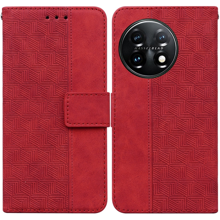 For OnePlus 11 Geometric Embossed Leather Phone Case(Red) - OnePlus Cases by buy2fix | Online Shopping UK | buy2fix