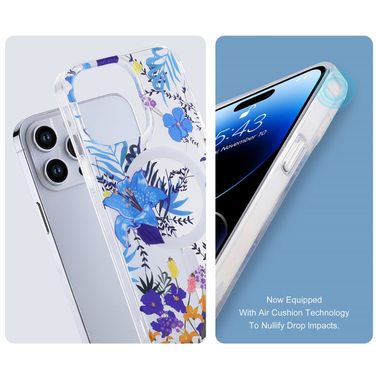 For iPhone 14 Plus Transparent Double Sided Magsafe Phone Case(Sky Blue Flower) - iPhone 14 Plus Cases by buy2fix | Online Shopping UK | buy2fix