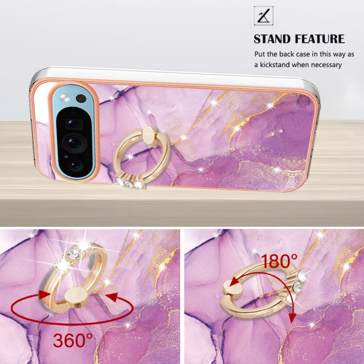 For Google Pixel 9 / 9 Pro Electroplating Marble IMD TPU Phone Case with Ring Holder(Purple 001) - Google Cases by buy2fix | Online Shopping UK | buy2fix