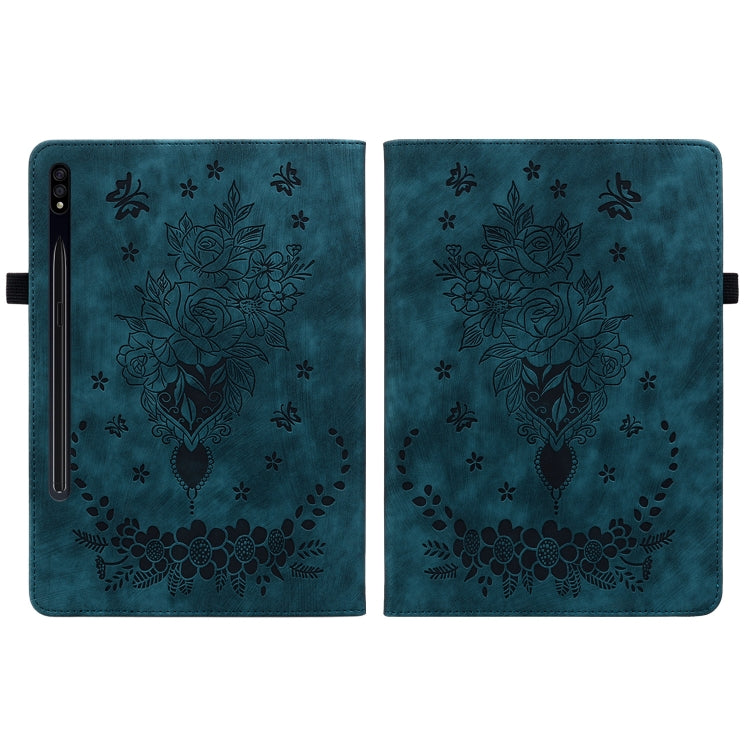 For Samsung Galaxy Tab S9 Butterfly Rose Embossed Leather Tablet Case(Dark Blue) - Galaxy Tab S9 Cases by buy2fix | Online Shopping UK | buy2fix