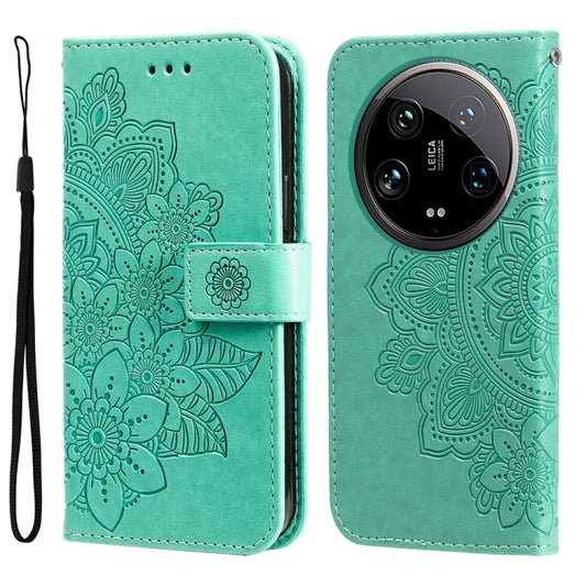 For Xiaomi 14 Ultra 7-petal Flowers Embossing Leather Phone Case(Green) - 14 Ultra Cases by buy2fix | Online Shopping UK | buy2fix