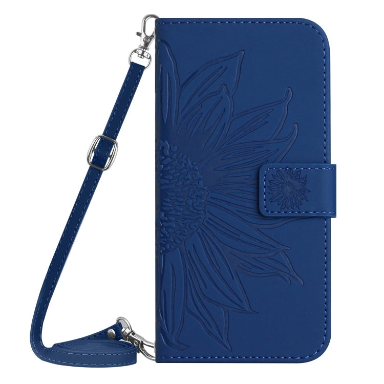 For iPhone 16 Skin Feel Sun Flower Embossed Flip Leather Phone Case with Lanyard(Dark Blue) - iPhone 16 Cases by buy2fix | Online Shopping UK | buy2fix