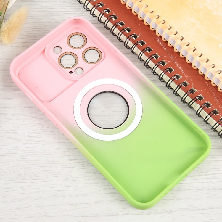 For iPhone 14 Pro Gradient Silicone Shockproof Magsafe Phone Case with Lens Film(Pink Green) - iPhone 14 Pro Cases by buy2fix | Online Shopping UK | buy2fix