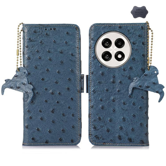 For OnePlus Ace 5 / 13R 5G Ostrich Pattern Genuine Leather RFID Phone Case(Blue) - OnePlus Cases by buy2fix | Online Shopping UK | buy2fix