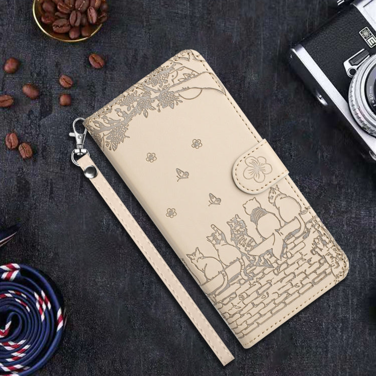 For iPhone 16 Pro Cat Embossing Pattern Leather Phone Case with Lanyard(Beige) - iPhone 16 Pro Cases by buy2fix | Online Shopping UK | buy2fix