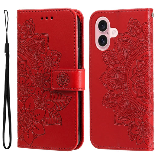 For iPhone 16 7-petal Flowers Embossing Leather Phone Case(Red) - iPhone 16 Cases by buy2fix | Online Shopping UK | buy2fix