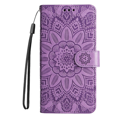 For iPhone 16 Pro Max Embossed Sunflower Leather Phone Case(Purple) - iPhone 16 Pro Max Cases by buy2fix | Online Shopping UK | buy2fix