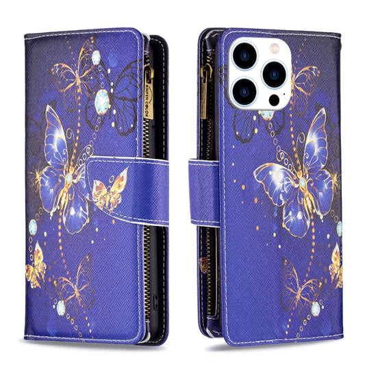 For iPhone 16 Pro Colored Drawing Pattern Zipper Phone Leather Case(Purple Butterfly) - iPhone 16 Pro Cases by buy2fix | Online Shopping UK | buy2fix