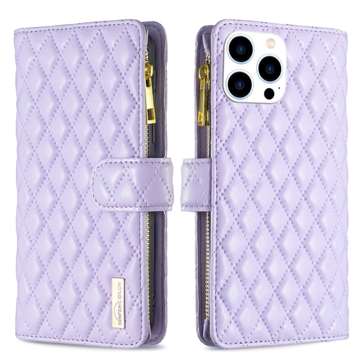 For iPhone 16 Pro Max Diamond Lattice Zipper Wallet Leather Flip Phone Case(Purple) - iPhone 16 Pro Max Cases by buy2fix | Online Shopping UK | buy2fix