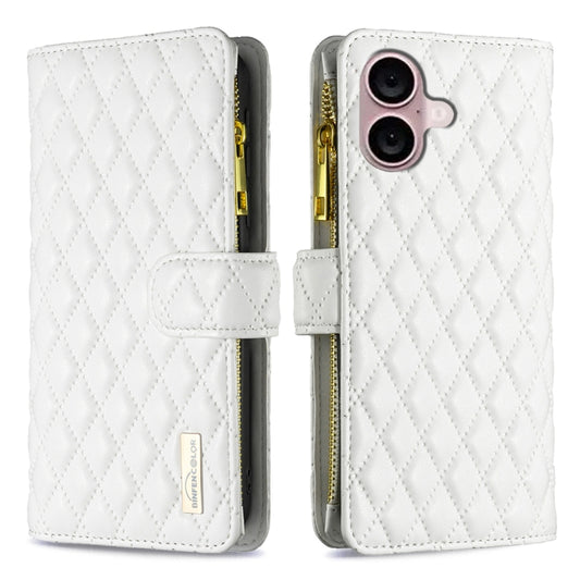 For iPhone 16 Plus Diamond Lattice Zipper Wallet Leather Flip Phone Case(White) - iPhone 16 Plus Cases by buy2fix | Online Shopping UK | buy2fix