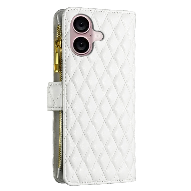 For iPhone 16 Plus Diamond Lattice Zipper Wallet Leather Flip Phone Case(White) - iPhone 16 Plus Cases by buy2fix | Online Shopping UK | buy2fix