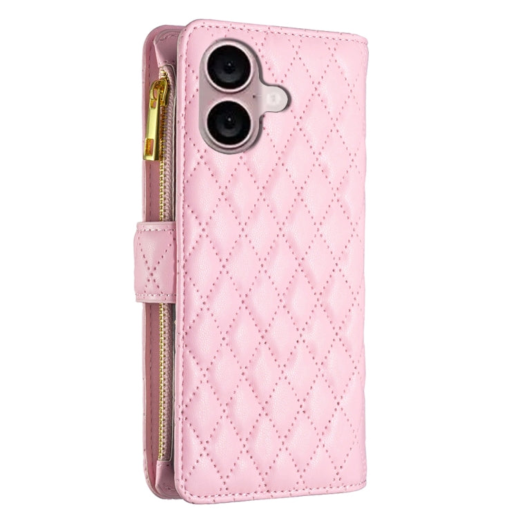 For iPhone 16 Plus Diamond Lattice Zipper Wallet Leather Flip Phone Case(Pink) - iPhone 16 Plus Cases by buy2fix | Online Shopping UK | buy2fix