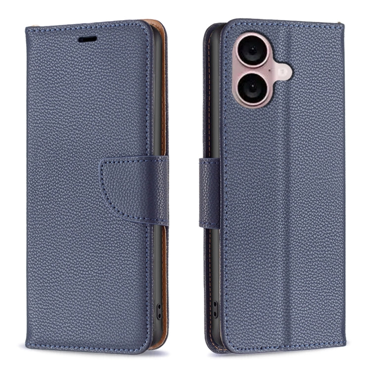 For iPhone 16 Litchi Texture Pure Color Flip Leather Phone Case(Blue) - iPhone 16 Cases by buy2fix | Online Shopping UK | buy2fix