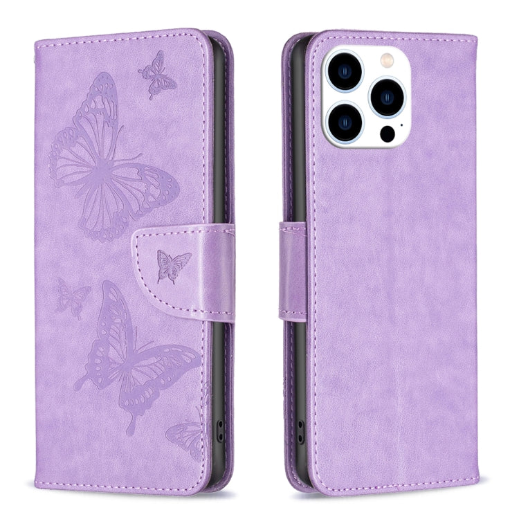 For iPhone 16 Pro Max Embossing Two Butterflies Pattern Leather Phone Case(Purple) - iPhone 16 Pro Max Cases by buy2fix | Online Shopping UK | buy2fix