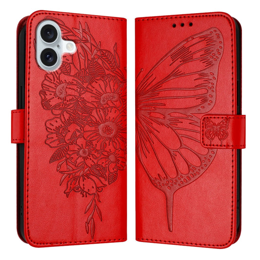 For iPhone 16 Plus Embossed Butterfly Leather Phone Case(Red) - iPhone 16 Plus Cases by buy2fix | Online Shopping UK | buy2fix