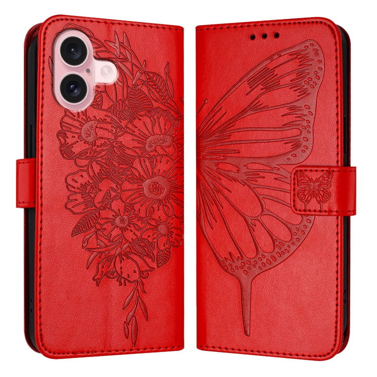 For iPhone 16 Embossed Butterfly Leather Phone Case(Red) - iPhone 16 Cases by buy2fix | Online Shopping UK | buy2fix