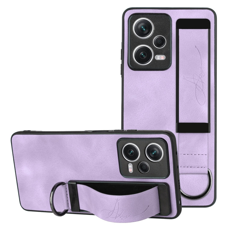 For Xiaomi Redmi Note 12 Pro 5G Global Wristband Holder Leather Back Phone Case(Purple) - Xiaomi Cases by buy2fix | Online Shopping UK | buy2fix