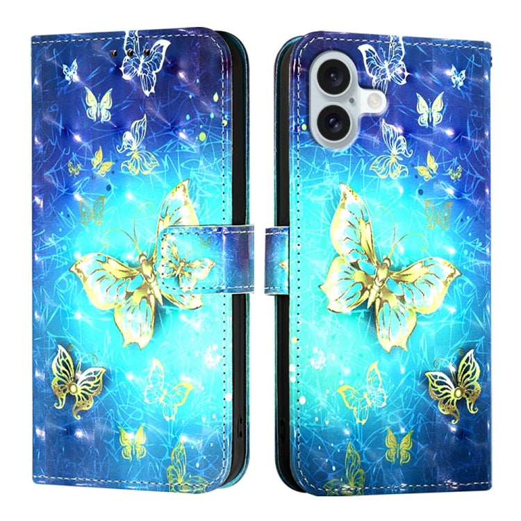 For iPhone 16 Plus 3D Painting Horizontal Flip Leather Phone Case(Golden Butterfly) - iPhone 16 Plus Cases by buy2fix | Online Shopping UK | buy2fix