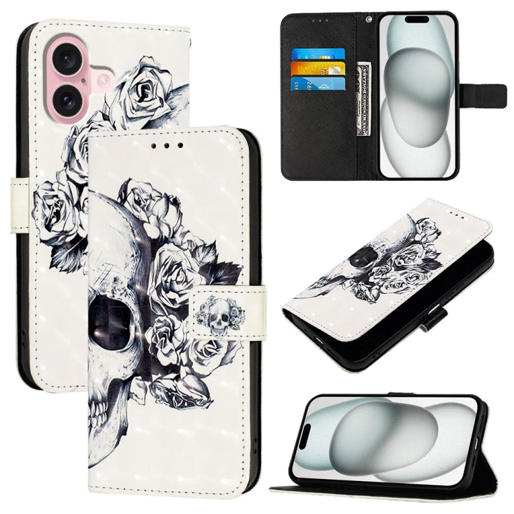 For iPhone 16 3D Painting Horizontal Flip Leather Phone Case(Skull) - iPhone 16 Cases by buy2fix | Online Shopping UK | buy2fix