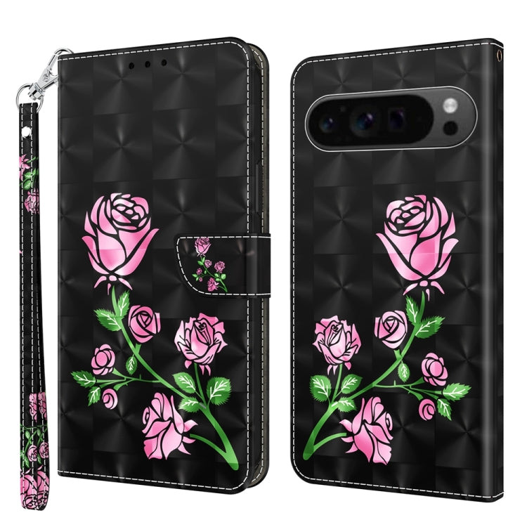 For Google Pixel 9 3D Painted Pattern Leather Phone Case(Rose) - Google Cases by buy2fix | Online Shopping UK | buy2fix