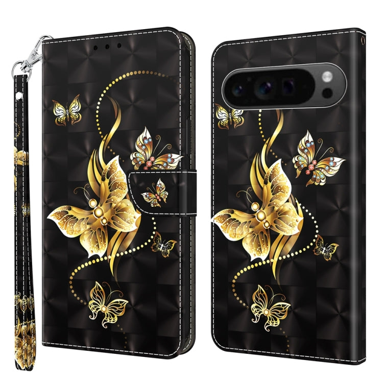 For Google Pixel 9 Pro 3D Painted Pattern Leather Phone Case(Golden Butterfly) - Google Cases by buy2fix | Online Shopping UK | buy2fix