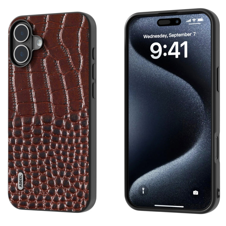 For iPhone 16 ABEEL Genuine Leather Crocodile Pattern Black Edge Phone Case(Coffee) - iPhone 16 Cases by buy2fix | Online Shopping UK | buy2fix