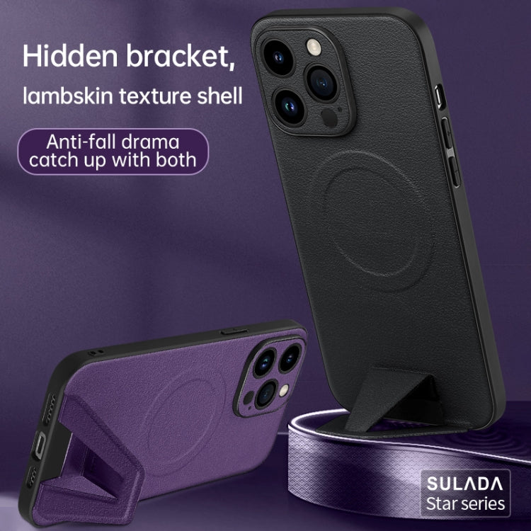 For iPhone 14 Pro SULADA Folding Holder Lambskin Texture MagSafe Phone Case(Purple) - iPhone 14 Pro Cases by SULADA | Online Shopping UK | buy2fix
