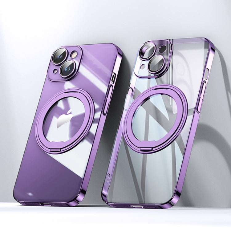 For iPhone 14 Plus Electroplated 360 Degree Bracket MagSafe Magnetic Phone Case(Transparent Purple) - iPhone 14 Plus Cases by buy2fix | Online Shopping UK | buy2fix