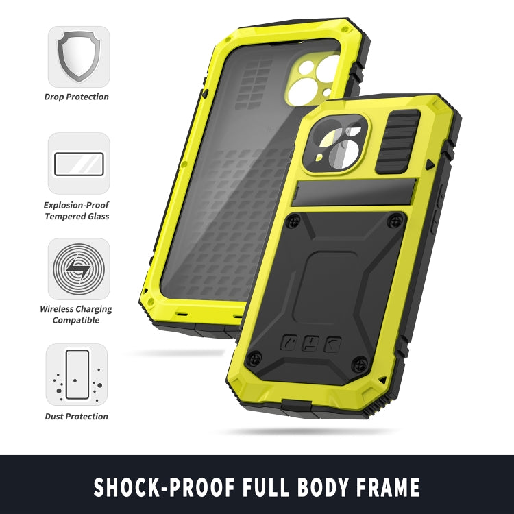 For iPhone 15 Plus R-JUST Shockproof Life Waterproof Dust-proof Metal + Silicone Phone Case with Holder(Yellow) - iPhone 15 Plus Cases by R-JUST | Online Shopping UK | buy2fix