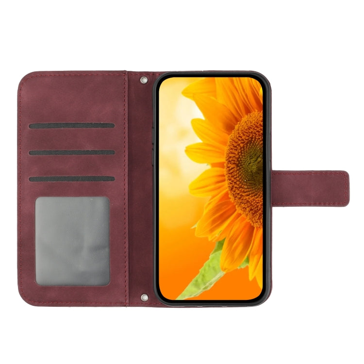 For Motorola Moto G Play 4G 2024 HT04 Skin Feel Sun Flower Embossed Flip Leather Phone Case with Lanyard(Wine Red) - Motorola Cases by buy2fix | Online Shopping UK | buy2fix