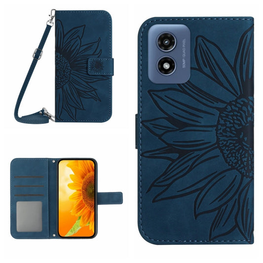 For Motorola Moto G Play 5G 2024 HT04 Skin Feel Sun Flower Embossed Flip Leather Phone Case with Lanyard(Inky Blue) - Motorola Cases by buy2fix | Online Shopping UK | buy2fix