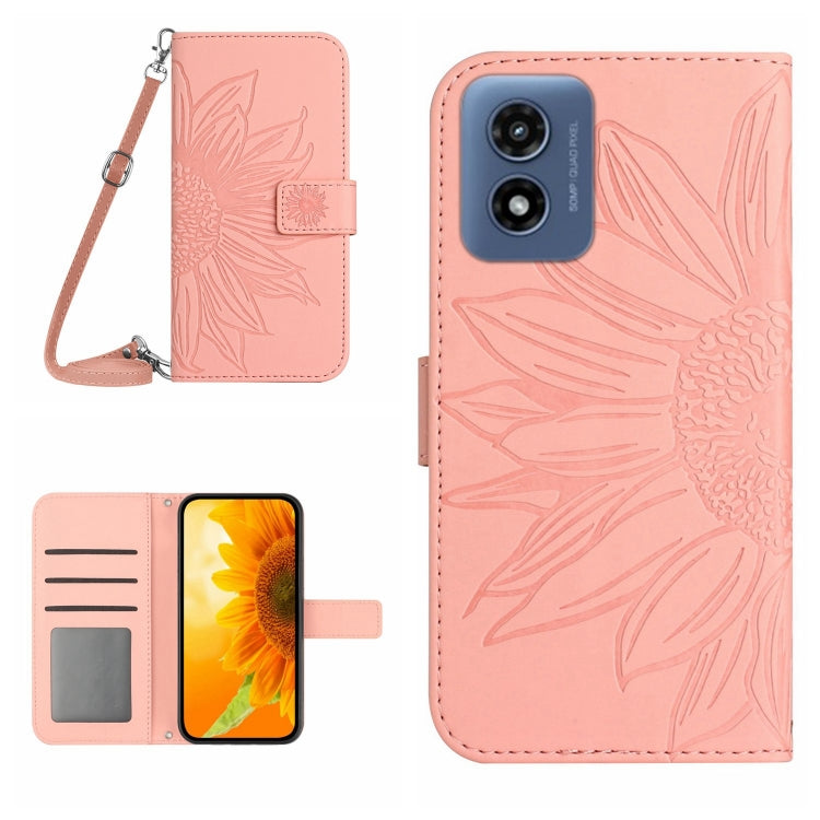 For Motorola Moto G Play 5G 2024 HT04 Skin Feel Sun Flower Embossed Flip Leather Phone Case with Lanyard(Pink) - Motorola Cases by buy2fix | Online Shopping UK | buy2fix