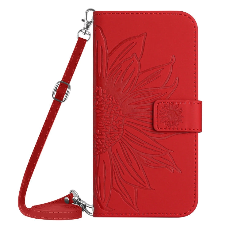For Motorola Moto G Stylus 5G 2024 HT04 Skin Feel Sun Flower Embossed Flip Leather Phone Case with Lanyard(Red) - Motorola Cases by buy2fix | Online Shopping UK | buy2fix
