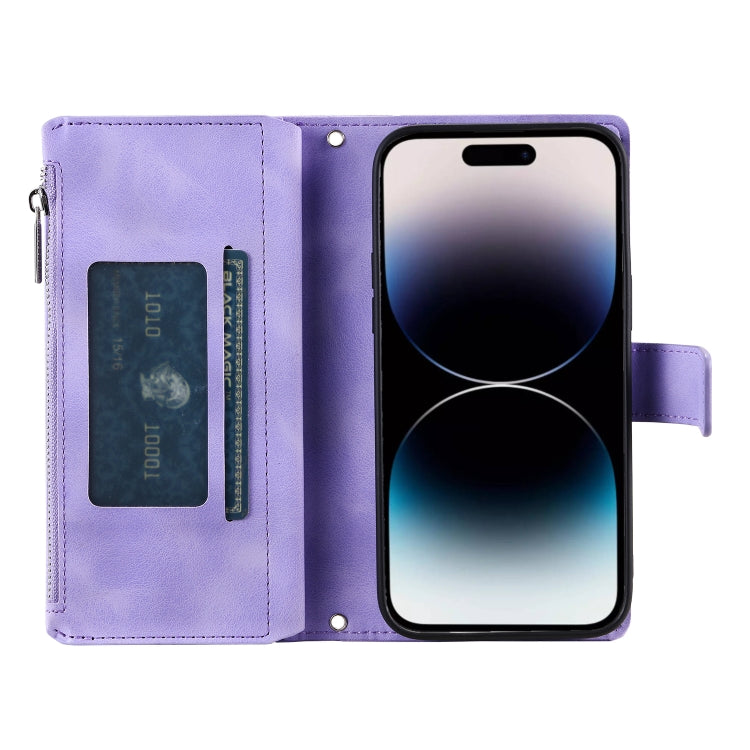 For iPhone 16 Pro Max Multi-Card Totem Zipper Leather Phone Case(Purple) - iPhone 16 Pro Max Cases by buy2fix | Online Shopping UK | buy2fix