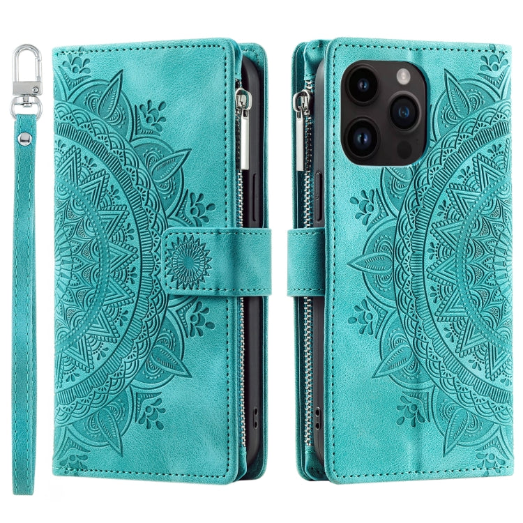 For iPhone 16 Pro Multi-Card Totem Zipper Leather Phone Case(Green) - iPhone 16 Pro Cases by buy2fix | Online Shopping UK | buy2fix