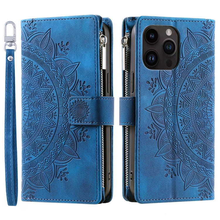 For iPhone 16 Pro Multi-Card Totem Zipper Leather Phone Case(Blue) - iPhone 16 Pro Cases by buy2fix | Online Shopping UK | buy2fix